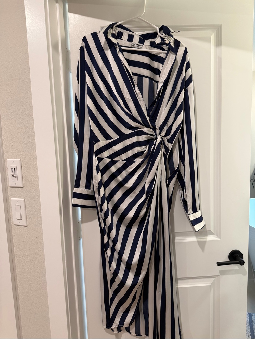 Fashion Nova Navy and White Striped Twist-Front Long Sleeve Dress